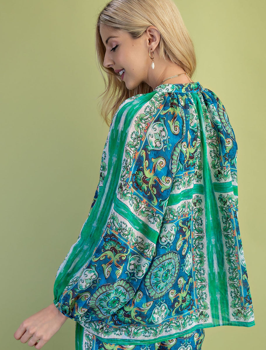 Scarf Print Balloon Sleeve Blouse – Zadie B's Fashions