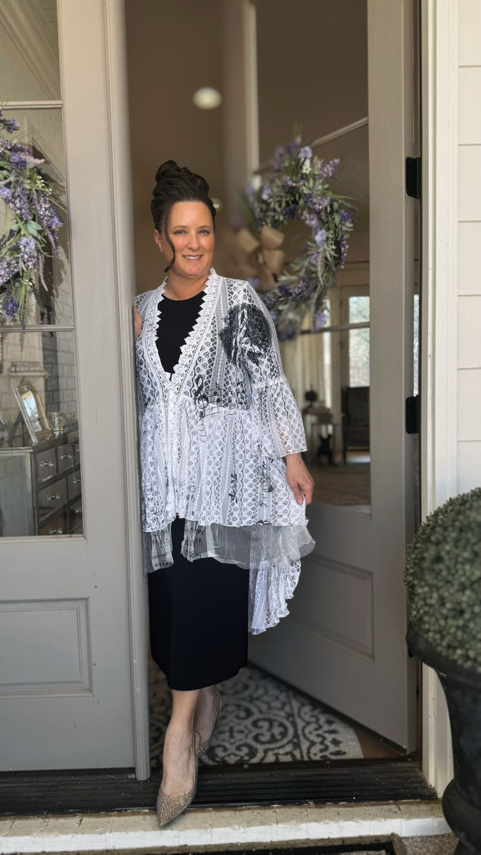 Ivory Lace Cardigan- Blk Music Scale – Zadie B's Fashions