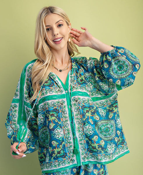 Scarf Print Balloon Sleeve Blouse – Zadie B's Fashions
