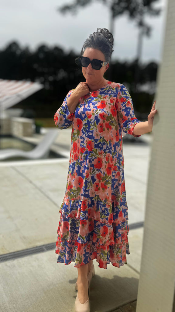 knee length dresses for ladies Gabby Ruffled Layering Dress-Printed – Zadie B's Fashions