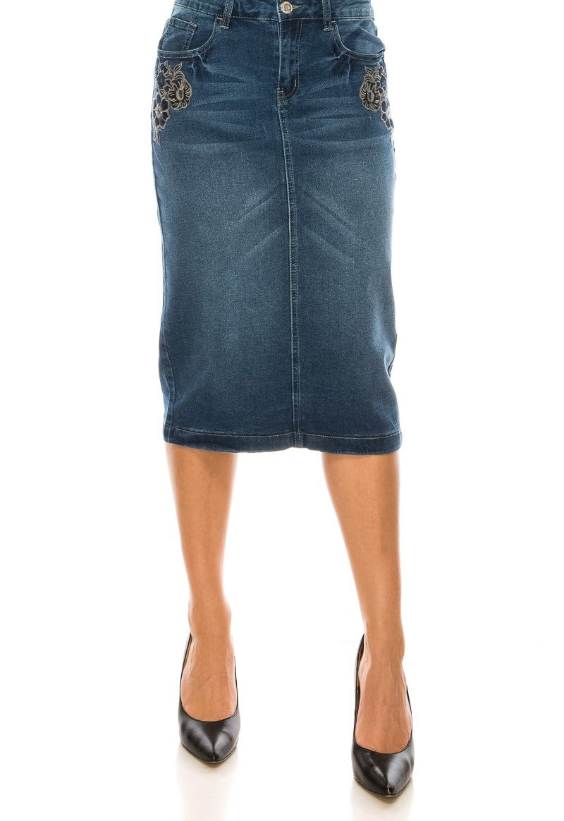 Denim Skirt w/Floral Embroidery – Zadie B's Fashions