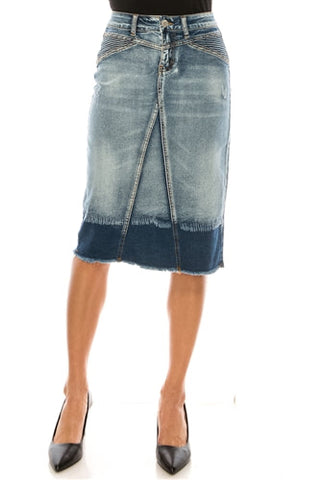 Denim Middle Length Skirt w/ Washed